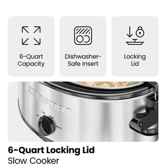 6 Qt. Slow Cooker w/ Locking Lid and Three Heat Settings - Stainless Steel, New - Picture 6 of 9
